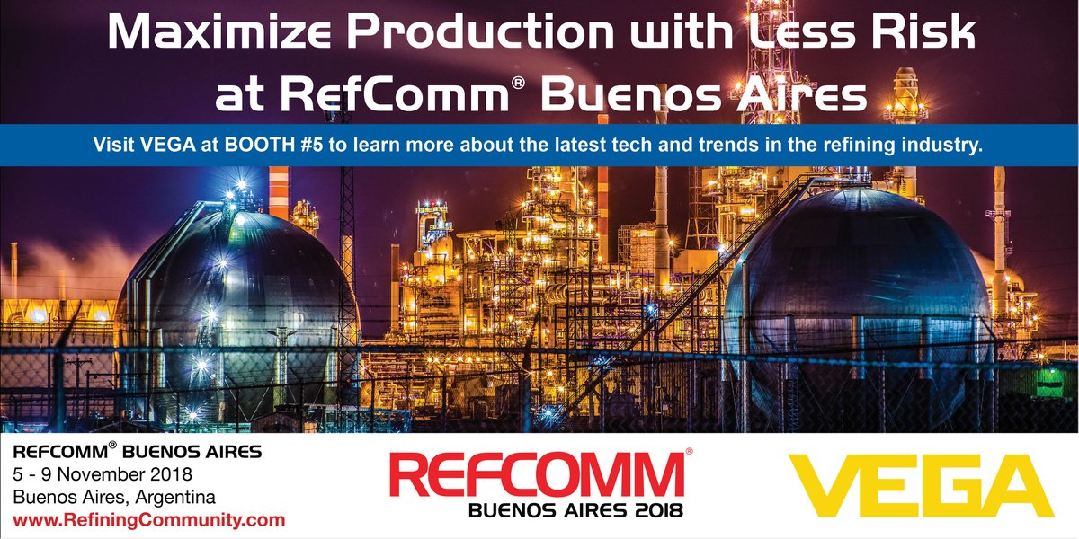 VEGA_Americas's tweet image. From November 5th - 9th, VEGA will be exhibiting at RefComm Buenos Aires. Make sure to stop by booth #5 to talk to our refining experts.
#refcomm #buenosaires #refining