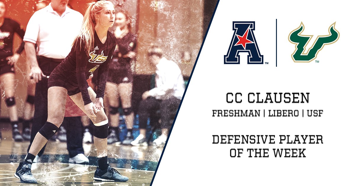 American_VBall's tweet photo. After averaging 6.57 digs per set and a .934 reception percentage last week to lead all defensive specialists across the conference, @usfvolleyball's CC Clausen has been named the #AmericanVB Defensive Player of the Week!
๐: https://t.co/Sf5frT08U0 https://t.co/Udb6flyY3F