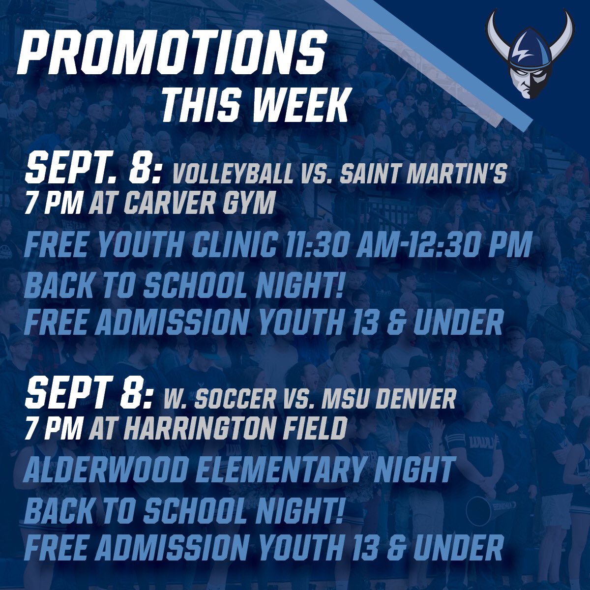 WWUAthletics's tweet image. Home openers this week for @WWUVolleyball and @WWU_WSoccer on Thursday, Sept. 6 at 7 PM! ➡️ Check out the promotions we have going on!

Visit wwuvikings.com/tickets or call 360-650-BLUE to purchase your tickets! #GoViks