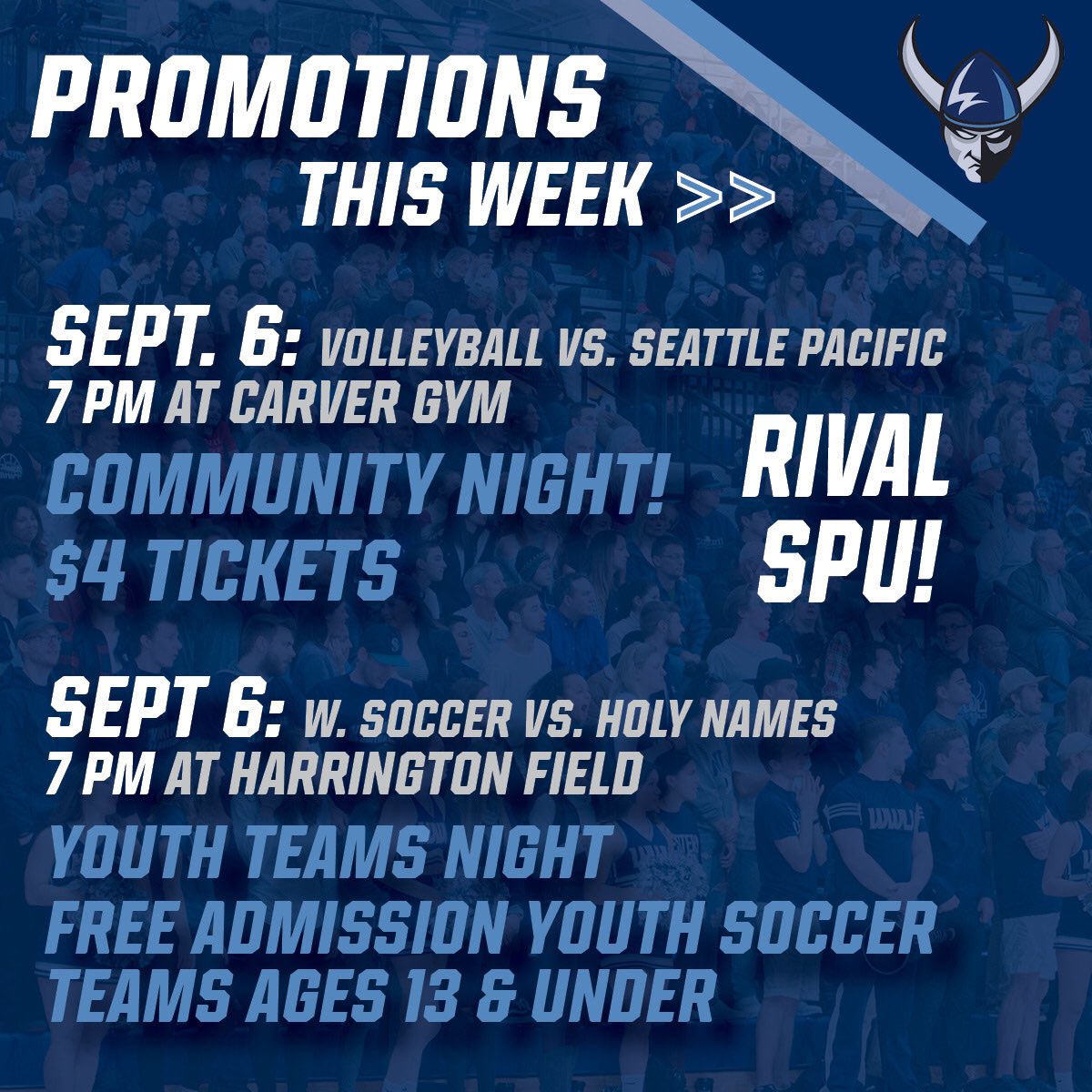 WWUAthletics's tweet image. Home openers this week for @WWUVolleyball and @WWU_WSoccer on Thursday, Sept. 6 at 7 PM! ➡️ Check out the promotions we have going on!

Visit wwuvikings.com/tickets or call 360-650-BLUE to purchase your tickets! #GoViks