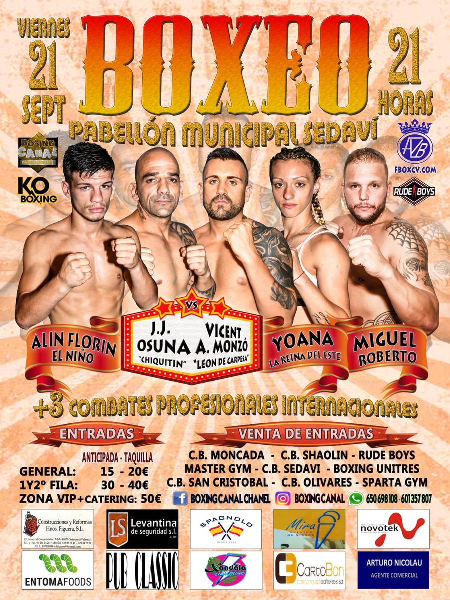 KOBoxing2016's tweet photo. ALIN FLORIN, ABDE NECHCHAD Y JAIRO NORIEGA EL 21/09/18 EN SEDAVÍ (VALENCIA).

Actividad, actividad y actividad... El 21/09/18 en Sedaví (Valencia) tres de nuestros guerreros se subirán al ring...

#Boxeo #KOBoxing #AlinElNiñoFlorin #DonBoxing #JairoNoriega https://t.co/eh5Lya57Js