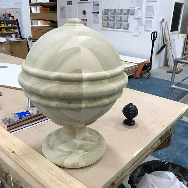 thisisenvisage's tweet photo. Monday madness here at Envisage as we welcome into the workshop @JonesIntrs hugely oversized curtain pole finial. Our joiners are in awe. #design #decorex @Decorex_Intl https://t.co/R7lziRVNwh