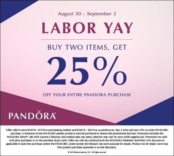 PandoraFPM's tweet photo. Happy LABOR DAY. Celebrate Labor Yay with us with our last day of our PANDORA sale. Buy two items, get 25%. Don't miss this promotion! #pandora #laborday #labordaysale #jewelry #giftsforher https://t.co/L1sPUond7m