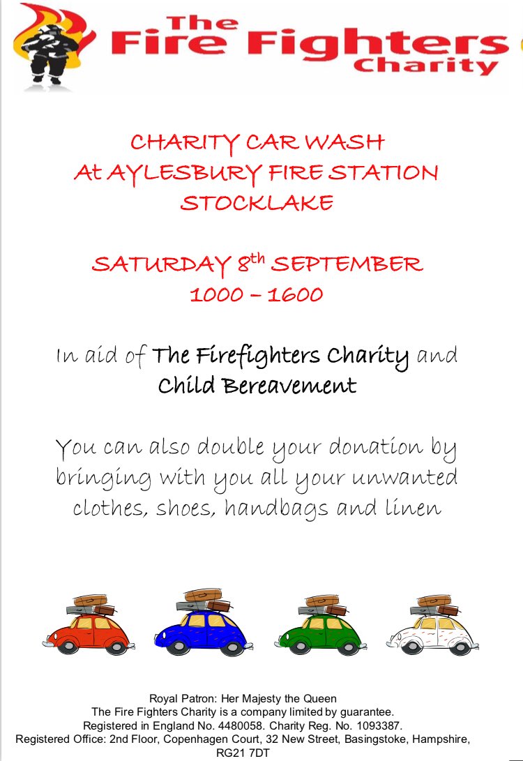 Aylesbury On-Call Firefighters (@aylesburyoncall) on Twitter photo Aylesbury's Firefighters will be rolling up their sleeves for a Charity Car Wash in aid of <a href="/firefighters999/">Fire Fighters Charity</a> and <a href="/cbukhelp/">Child Bereavement UK</a> on Saturday 8th September between 10am-4pm. @Bucksfire <a href="/AylesburyFire/">Aylesbury Fire</a> Aylesbury's Firefighters will be rolling up their sleeves for a Charity Car Wash in aid of <a href="/firefighters999/">Fire Fighters Charity</a> and <a href="/cbukhelp/">Child Bereavement UK</a> on Saturday 8th September between 10am-4pm. @Bucksfire <a href="/AylesburyFire/">Aylesbury Fire</a>