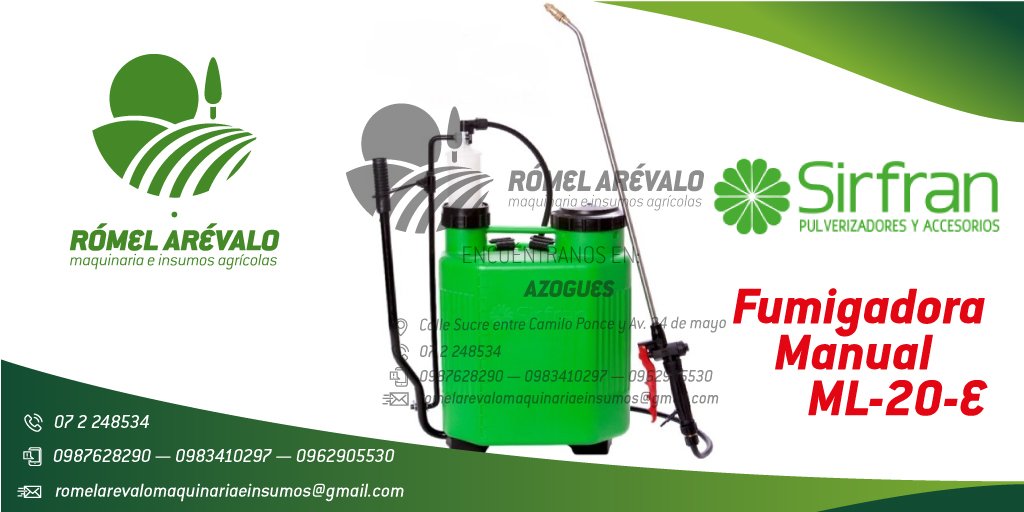 RomelInsumos's tweet photo. FUMIGADORA MANUAL SIRFRAN ML-20-E
La bomba de fumigación de SIRFRAN 100% ESPAÑOL, 100% ORIGINAL, GARANTIZADO; ofrece una potencia máxima de aplicación.
Realizamos envíos, entregas técnicas y personalizadas a NIVEL NACIONAL.
¡¡ Gustosos de poder servirles !! https://t.co/o9zmozQs8d