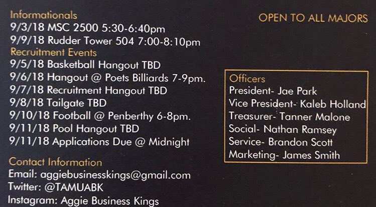 TAMUABK's tweet photo. If you want to know more about ABK, here is our upcoming recruitment events! Come check them out👑 https://t.co/Z50YfeliO6