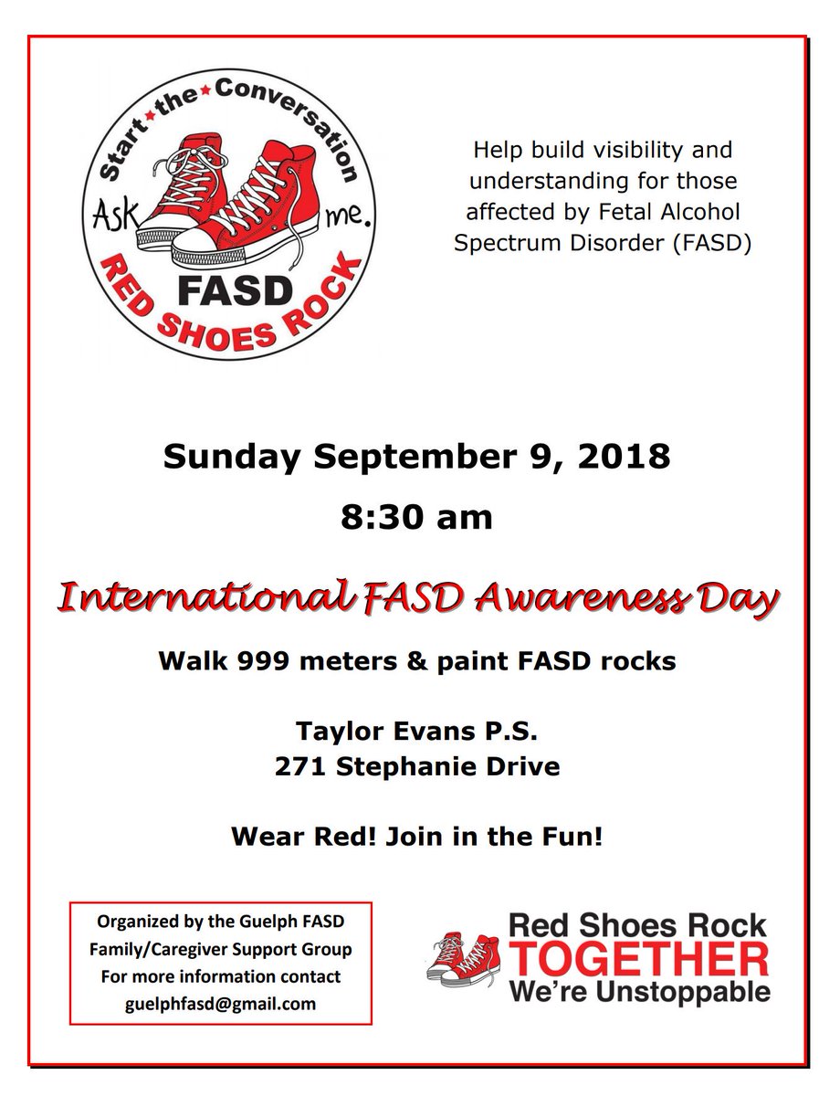 WhyteLaurie's tweet photo. Please share! Sunday Sept 9 8:30-11 #FASDAY2018 International Fetal Alcohol Spectrum Disorder Awareness Day
Wear your red shoes, pants, hat because #redshoesrock
👠Walk 999 meters
👠Paint FASD rocks
👠Spread the word #Zero4Nine
👠Support those affected by FASD
👠It will be fun!! https://t.co/TrPMwWUpR8
