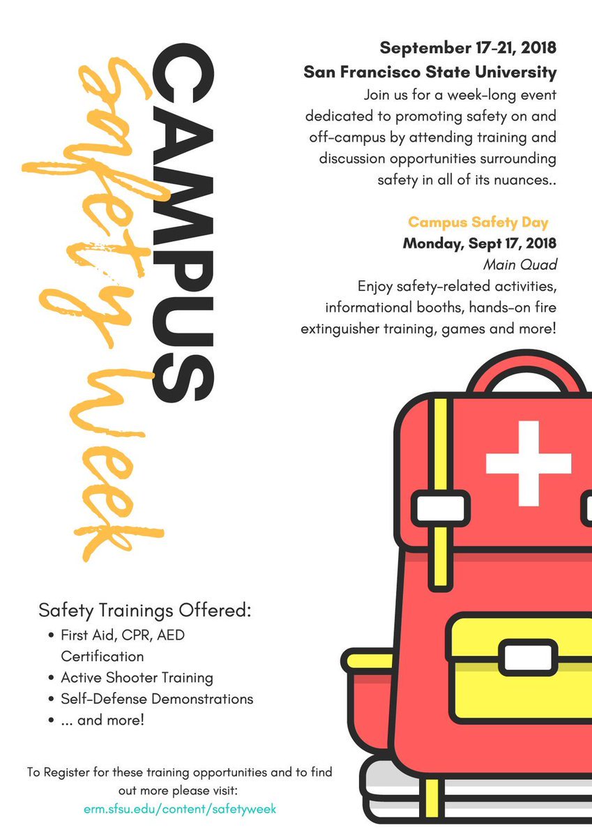SFSU's tweet photo. Help learn how to keep our campus safe. #CampusSafetyWeek runs September 17-21. There are a number of safety-related activities planned as well as safety training opportunities. For more information, visit https://t.co/IpMLlNowNA https://t.co/erYUc4JsUX