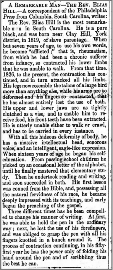 DisHistImages's tweet photo. Rev. Hill's local newspaper, the Yorkville Enquirer, published an excerpt of the Philadelphia Press article leaving out the KKK attack entirely, presenting him only as a local curiosity. #DisHist #BlackHistory https://t.co/ozvE6S9PVq