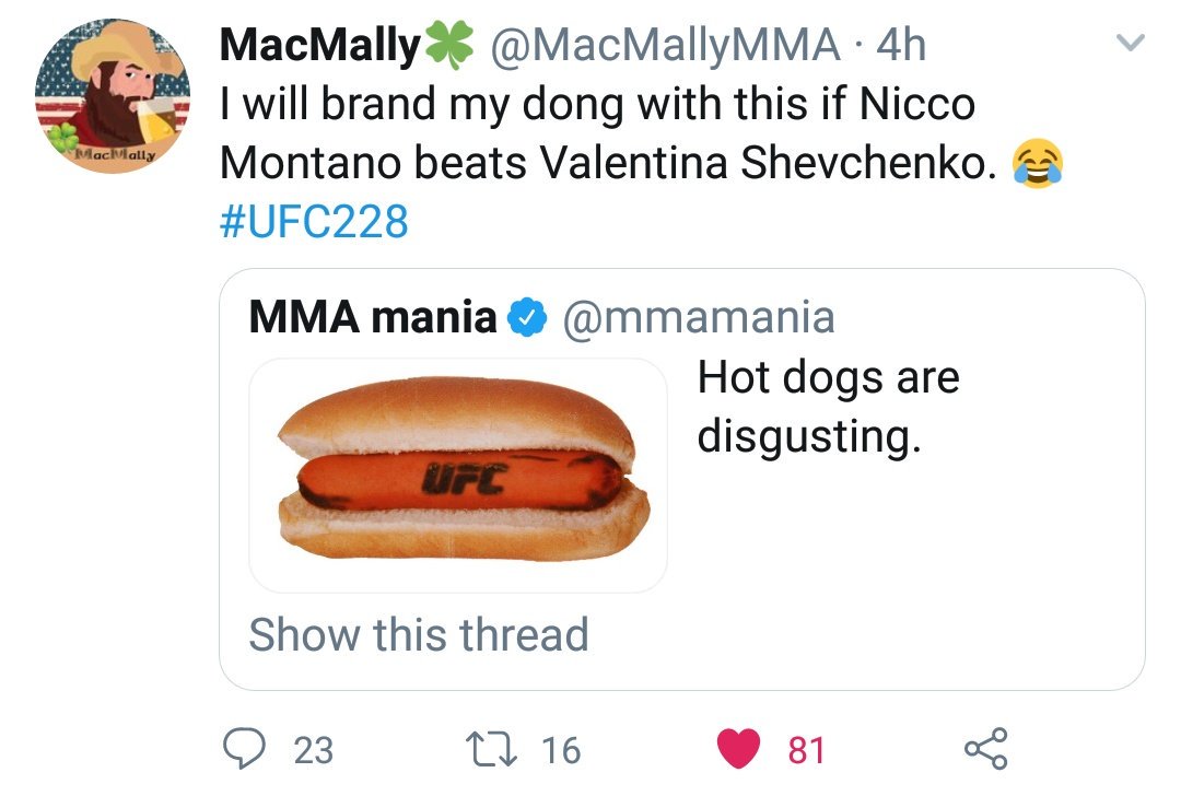 INFINIT31112's tweet photo. 5 days, 8 hours, 8 minutes, 10 seconds to go! #UFC228 #UFC #MacMally #DongOnTheLine @MacMallyMMA 😂🌭🌭🌭🌭 https://t.co/QuWerkybo3