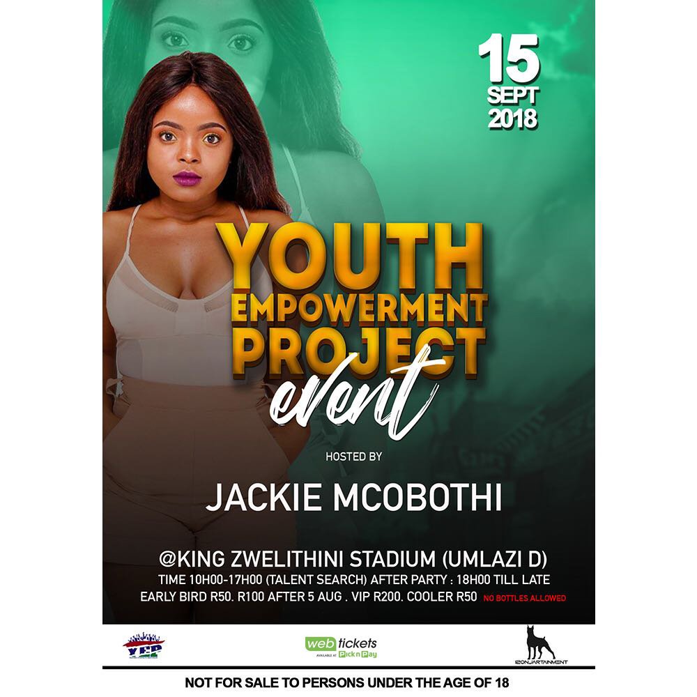 YouthEmProject's tweet photo. Catch @JMcobothi Our Hostess on the 15th Of Sep at King Zwelithini !!!! 

#YouthEmpowermentProject 

Event tickets  available online via @webticketsSA and your nearest @PicknPay Store.
Ticket Link : https://t.co/RZW3L8MyOc https://t.co/DAlJT8dQof