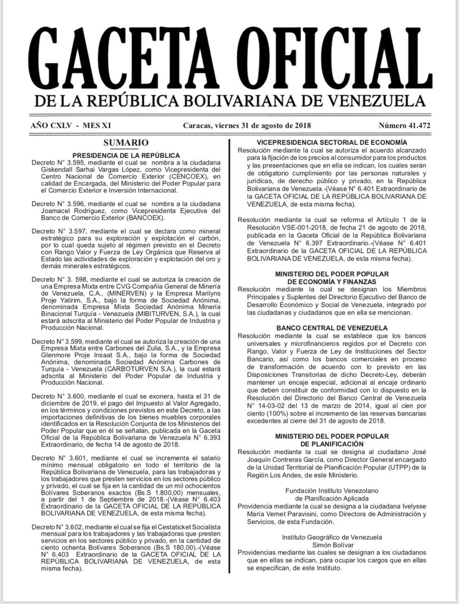 AlbertoRodNews's tweet photo. La Gaceta Oficial N- 41.472 del viernes 31 de agosto de 2018: Decreto 3.601 y 3.602 sobre el nuevo salario mínimo en Venezuela:
Salario mínimo mensual: 1.800 Bs.S
Cestaticket: 180 Bs.S
Salario mínimo integral: 1.980 Bs.S
https://t.co/KSC2M5mrNZ https://t.co/mmwgU3Uw5K