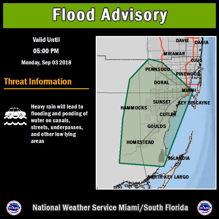 9/3-2:30 PM: Flood Advisory is in effect for southeast portion of Miami Dade County. Additional rainfall of 2 to 3 inches is possible which could result in flooding in the advisory area. #FLwx