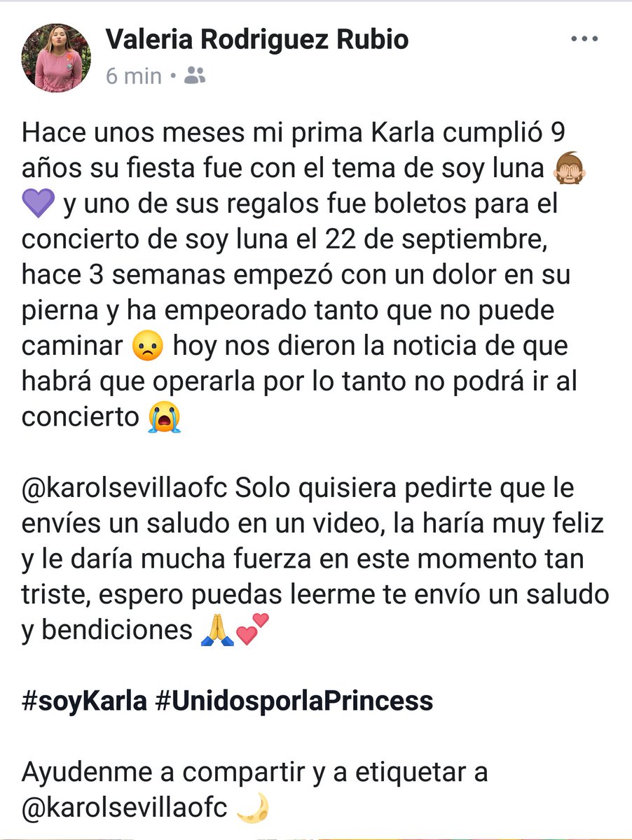 valerubio_'s tweet photo. @karolsevilla por favor espero puedas leerme 💜 te lo agradeceremos con el alma 💜 https://t.co/ITz5pcIObI