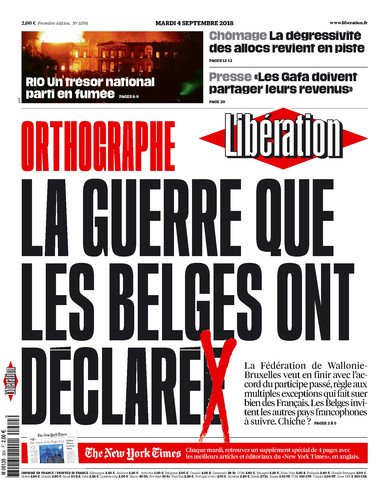 libe's tweet photo. A la une de @libe mardi : Orthographe, la guerre que les Belges ont déclaré(e) https://t.co/tQkmmthgvh https://t.co/DAJjxh7t0N