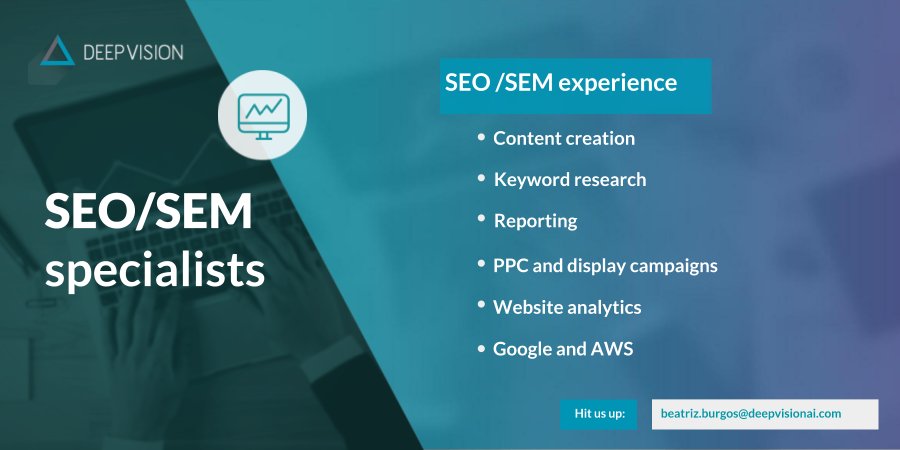 beaburgos1's tweet photo. We are hiring! At @deepvisionai we are looking for SEO/ SEM specialists. Please send your resume to: beatriz.burgos@deepvisionai.com https://t.co/dkGIYynIIV