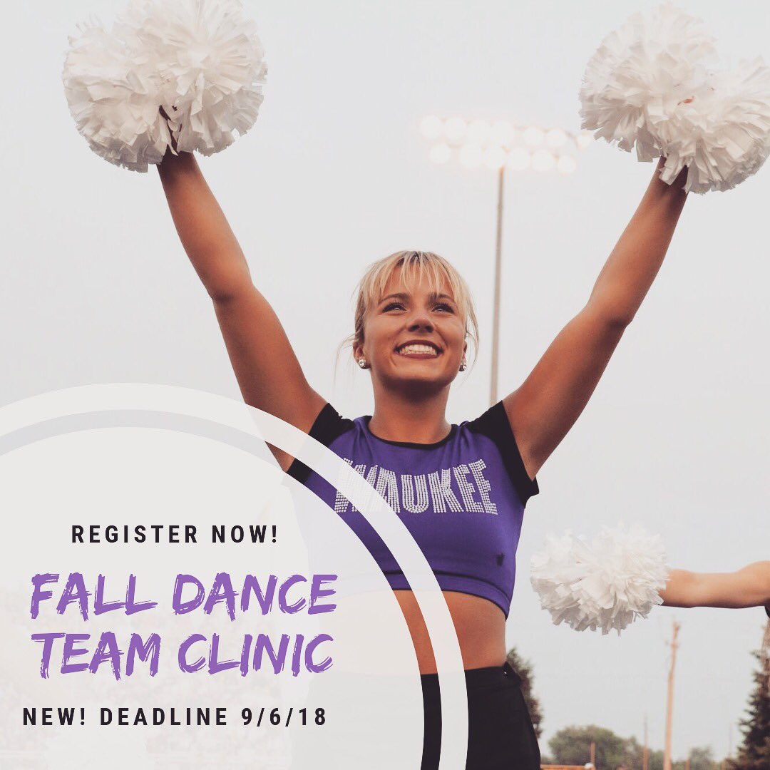 WaukeeDanceTeam's tweet photo. ✨NEW! Registration deadline✨ Check out the link in our bio to register for the 2018 Fall Dance Team Clinic. We are now accepting dancers until Thursday, September 6! 💜💛 https://t.co/RqLyGDSz0W