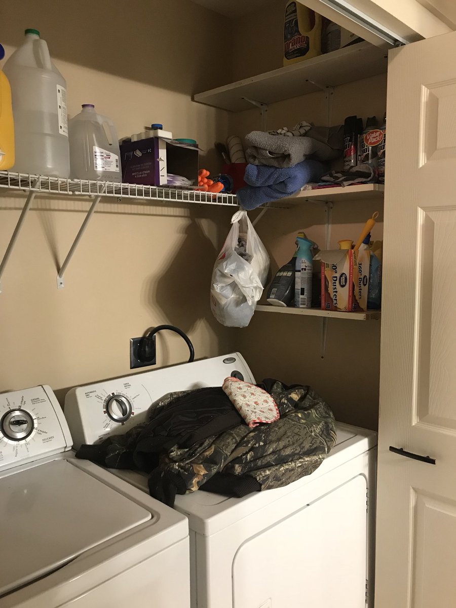 gymkat23's tweet photo. This weekend’s renovation: our hallway laundry room! New shelves, a fresh coat of paint &amp; we made our bi-fold doors into barn doors! Excited to get baskets in here &amp; have it all organized! #homeowners #sweatequity #weekendproject #diy #laundryroom #rustic #barndoors #handyhubby https://t.co/93Gtn5RaRC