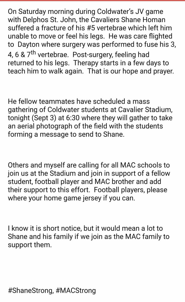 Help support a fellow MAC athlete.  Mass Gathering Tonight (Sept 3rd) at 6:30p, at Cavalier Stadium. #BeThere #ShaneStrong