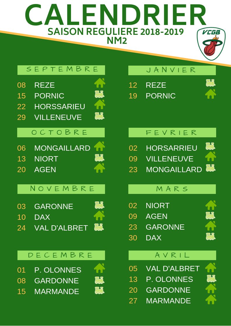 VCGBbasket32's tweet photo. 🔴 INFO !

➡️➡️ Le Calendrier pour le championnat 2018-2019 est sorti 

De quoi préparer vos samedis soirs avec nos Verts 💚 ! 😁🔥
 #VCGB #Condom #ValencesurBaïse #ffbb #Nm2 #basketball https://t.co/BE0Nf7z4P0