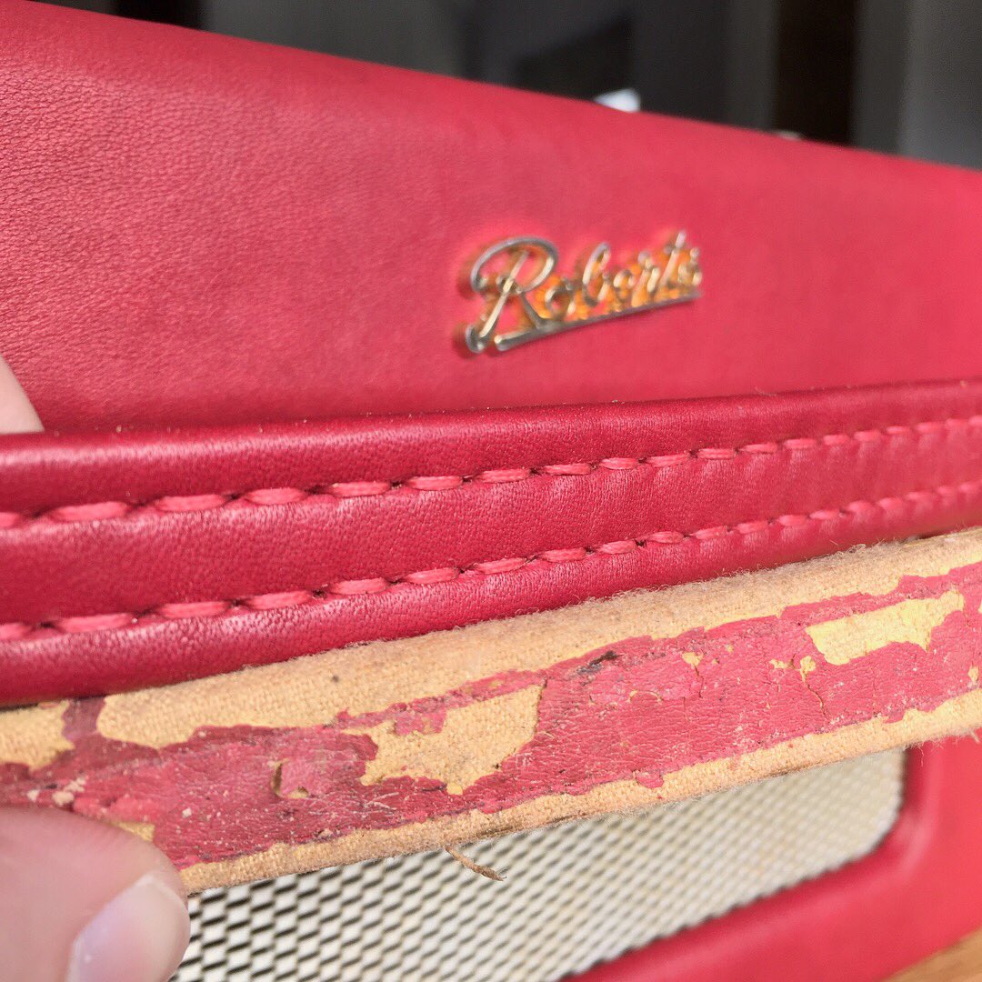 Another unusual project today, recovering a <a href="/RobertsRadioUK/">Roberts</a> radio. The top layer of the original vinyl covering had almost completely gone. The leather used was a beautiful cherry coloured skin from @pittards_uk. The last picture shows the old strap and the new hand stitched one.