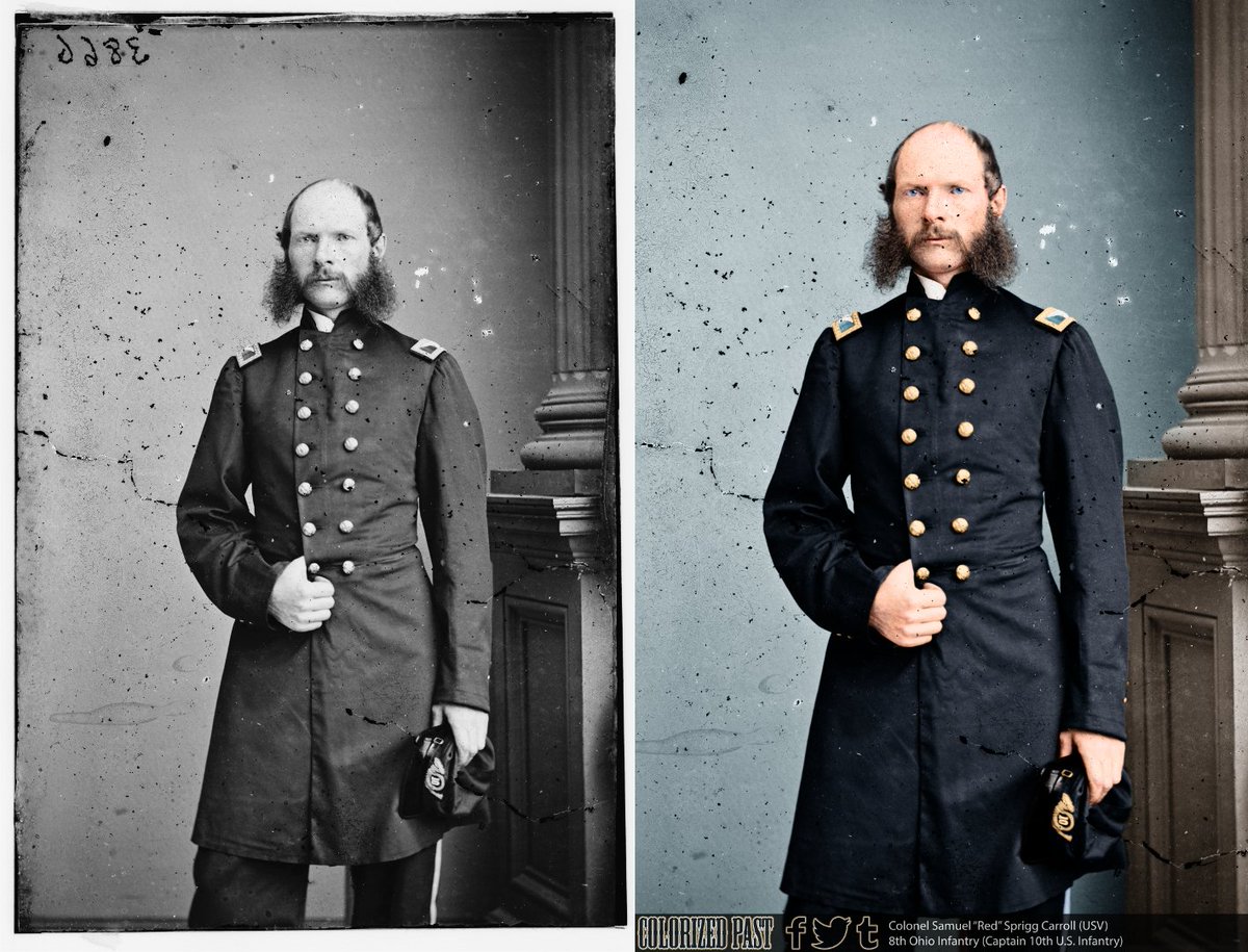 ColorizedPast's tweet image. Colonel Samuel S. Carroll (USV) was wounded at the Battle of the Wilderness and again at Spotsylvania Court House losing his left arm.

After recovering, he commanded the Department of West Virginia and led a division in the Army of the Shenandoah.

@HISTORY