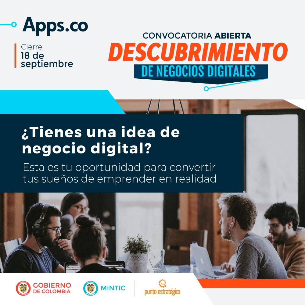 ivancastanop's tweet photo. Atrévanse a perseguir sus sueños y a convertirlos en un negocio digital sostenible con su equipo emprendedor. Participen en la convocatoria de #DescubrimientoDeNegocios y encuentren cómo con sus ideas💡pueden impactar a miles de personas. Inscríbanse  https://t.co/4cYNSrIosS https://t.co/hGef5ZHHdn