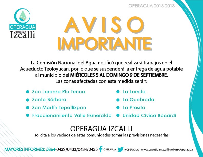 ¡¡¡AVISO IMPORTANTE!!!
<a href="/Victor_EstradaG/">Víctor Estrada G.</a> @CIzcalli_Mpio <a href="/DIF_Izcalli/">DIF Cuautitlán Izcalli</a> @INMUDECIzcalli <a href="/PCyBIzcalli/">Protección Civil</a> 
<a href="/DGDesHum_CIzc/">DG Desarrollo Humano</a> <a href="/DesEcoCIzcalli/">DesaEcoCIzcalli</a> @DGDMCI1 <a href="/imjuci/">Imjuci</a> <a href="/IMIEMHizcalli/">IMIEMH_Izcalli</a>