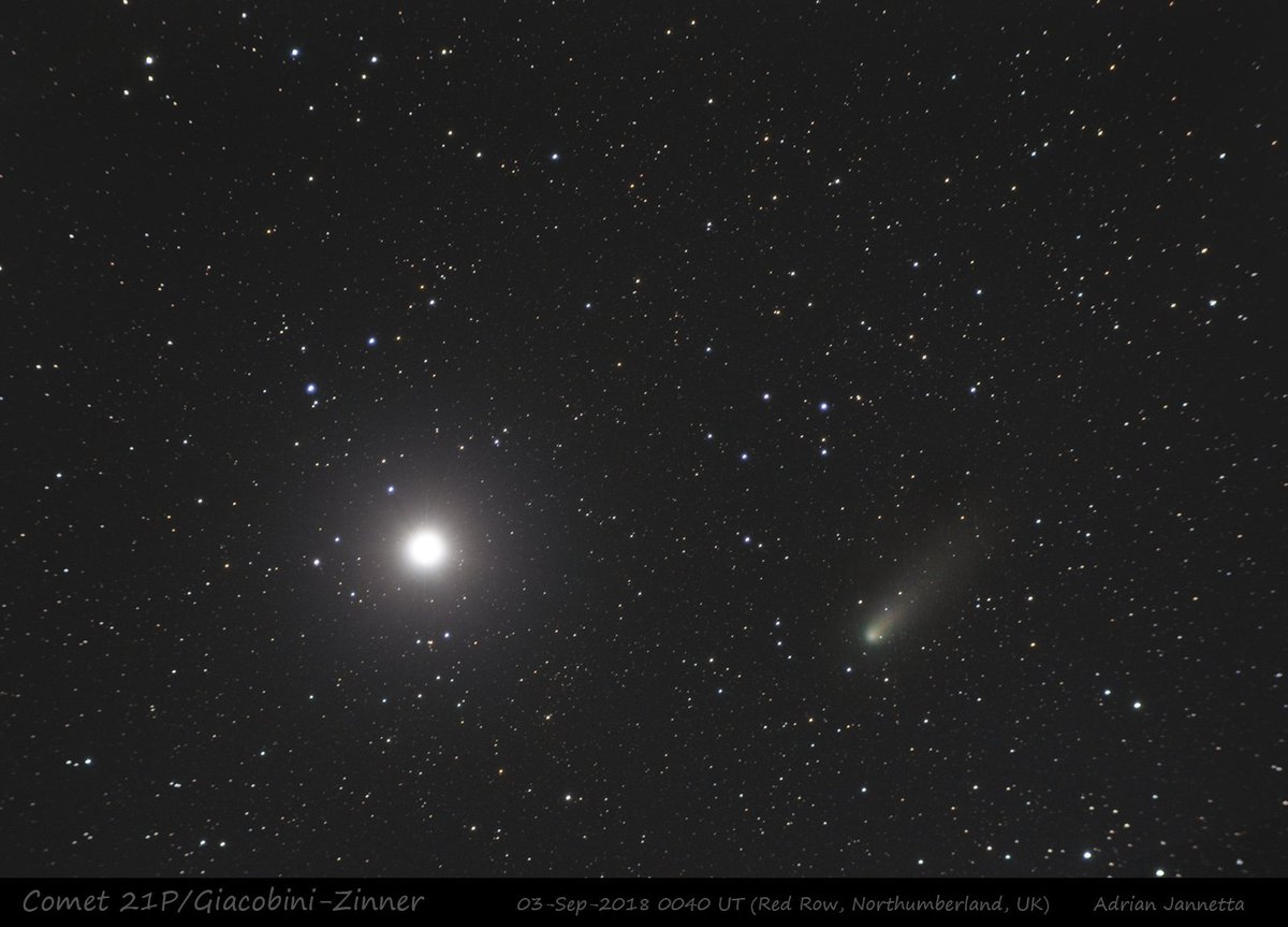 Comet 21P/Giacobini-Zinner last night. Very close to the bright star Capella in Auriga. Total exposure time was 33 minutes (various ISOs and 30s-2min subs) due to challenging weather conditions. Much processing needed! #astronomy #21P #Astrophotography