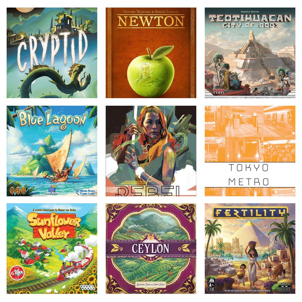 mottinator's tweet image. My Top9 for #Spiel18 after 1/2 of 1.400 new games oO - #Cryptid, #Newton, #Teotihuacan, #BlueLagoon, #RebelNox, #TokyoMetro, #SunflowerValley, #Ceylon, #Fertility. All for different tastes. Of course i could double this list with ease: #EyeMyFavoriteThings, #18Lilliput, #Scarabya