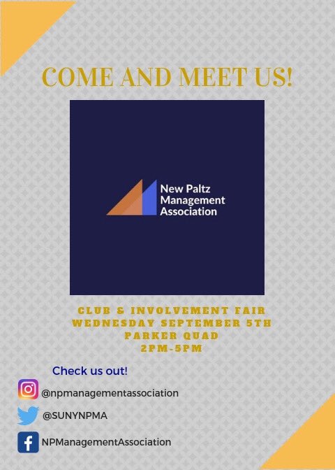 SUNYNPMA's tweet photo. Hope everyone had a great first week! Meet us at the Club Fair on Wed, Sept. 5th from 2-5pm! Follow us on our socials listed below for a chance to enter a raffle! #npma #getinvolved #npsocial https://t.co/BR8CiEtcgn