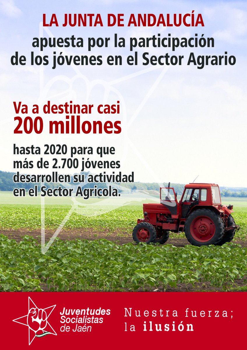 JSETorredcampo's tweet photo. Andalucía es la comunidad que más recursos destina al relevo generacional en el campo:

✔ 200 M€ para la incorporación de jóvenes al campo hasta 2020.
✔ 90 M € para la modernización de explotaciones. https://t.co/RTjiTlHKNR