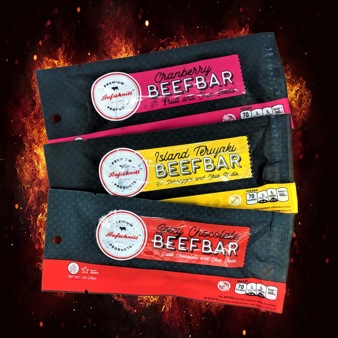 Qualityfrozen's tweet photo. Beef bars! New item from @AufschnittMeats
PACKED with protein, low-calorie, low in fat, all-natural, gluten-free, high in Omega 3 fatty acids and contains only naturally occurring nitrates.

Find it at your supermarket counter this week!

#kosher #kosherfood #beefbars #leanbeef https://t.co/2SADQRURSj