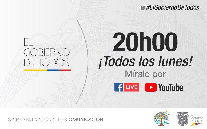 ComunicacionEc's tweet photo. HOY 20h00 | Conoce las actividades gubernamentales más importantes en el informe semanal #ElGobiernoDeTodos a través de ►https://t.co/WfaSaKKRpt https://t.co/OlHr3OXUoz