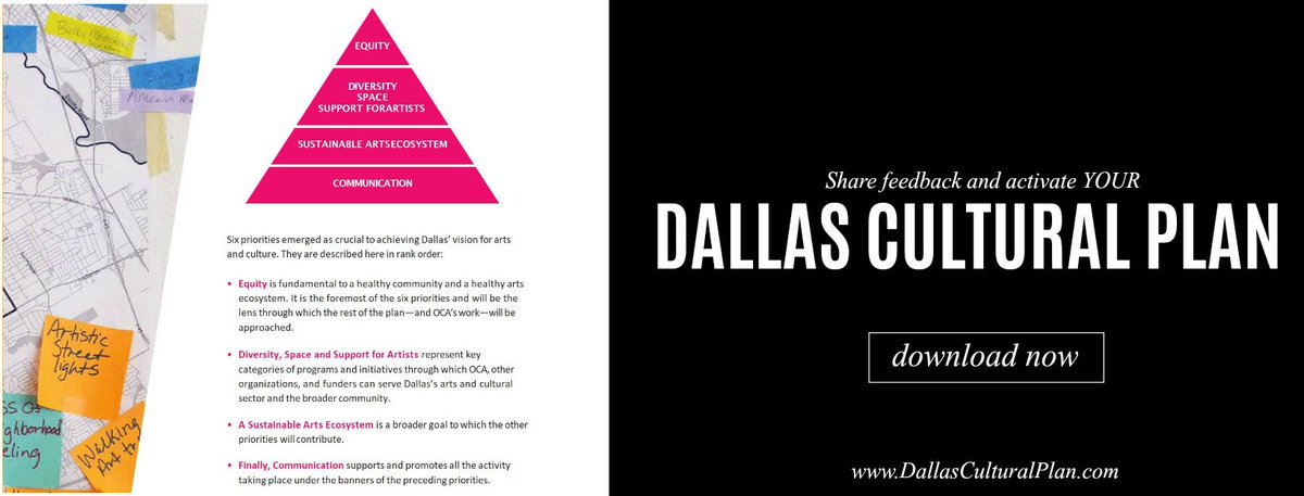 DALculturalplan's tweet photo. Tell us what you think! How will you make the priorities of the Dallas Cultural Plan real in your community? Read the plan here: https://t.co/wt1Njx2Nbl. Join us at the upcoming Feedback and Activation Workshops taking place throughout Dallas: https://t.co/WoJgza5Zxk https://t.co/LZ7pJuxvu8