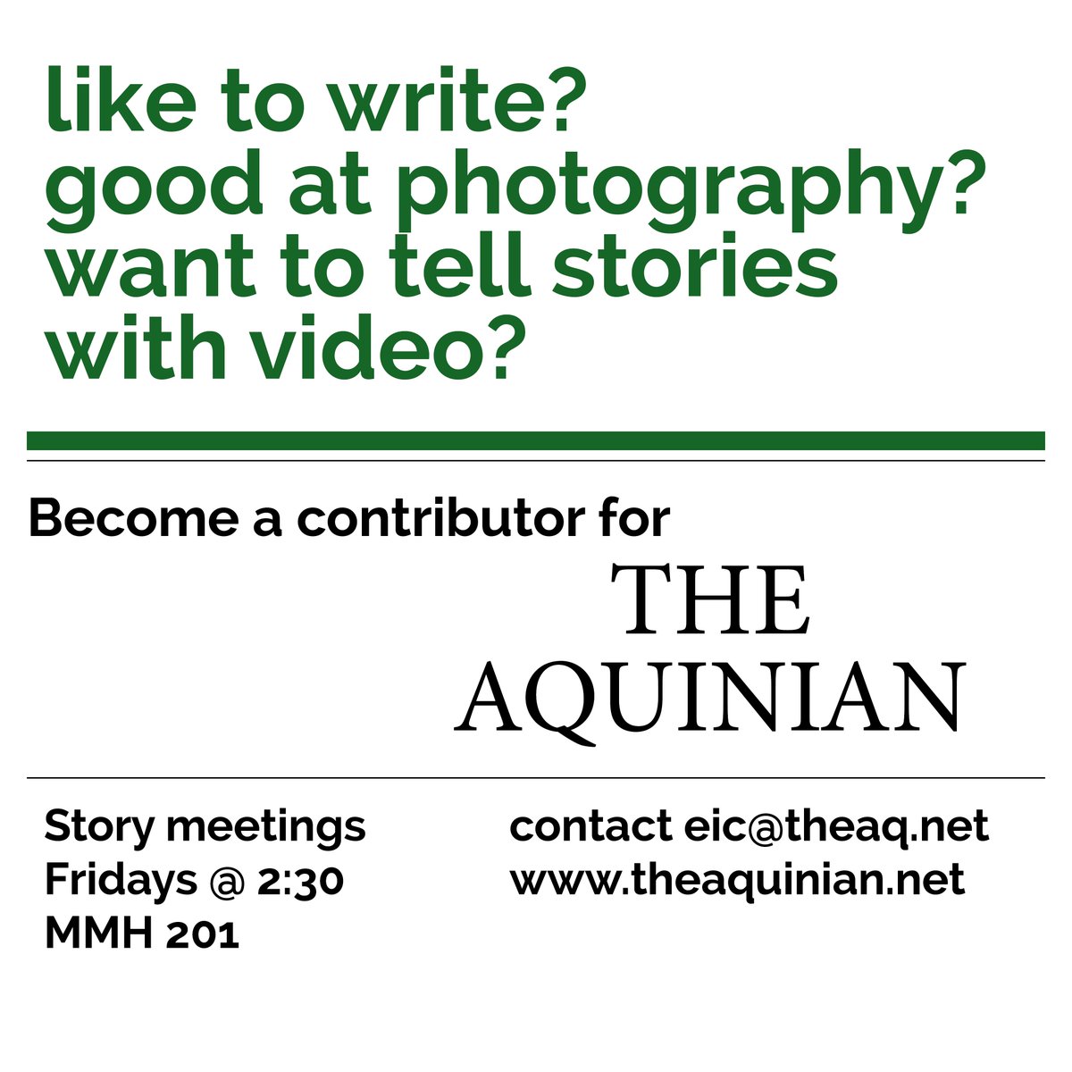 Aquinian's tweet photo. Are you interested in journalism and looking to get involved on campus? Check out our story meetings! 🖋️📷🎥📰 https://t.co/h9QaPriNeY