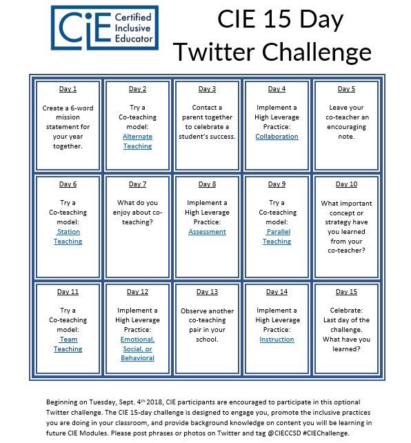 CIE participants: We are kicking off the 15-Day Challenge tomorrow. We can’t wait to see the exciting inclusive practices going on in your classrooms. #CIEChallenge