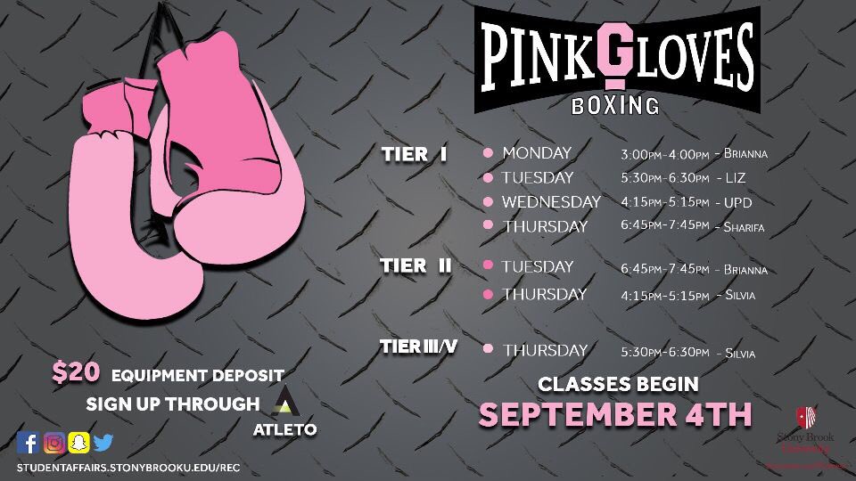 SBUCampusRec's tweet photo. Pink Gloves boxing for the Fall starting soon!
Be sure to sign up through the Atleto app! 🥊 https://t.co/wctqsp3OcW
