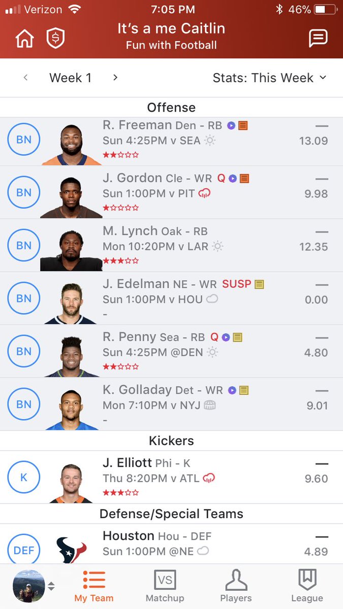 caitt05's tweet photo. @NFLfantasy My WRs aren’t super strong, I know. Also, Not sure who to play in week 1.. Rex Burkehead or Royce Freeman https://t.co/geWLlBHs1Q