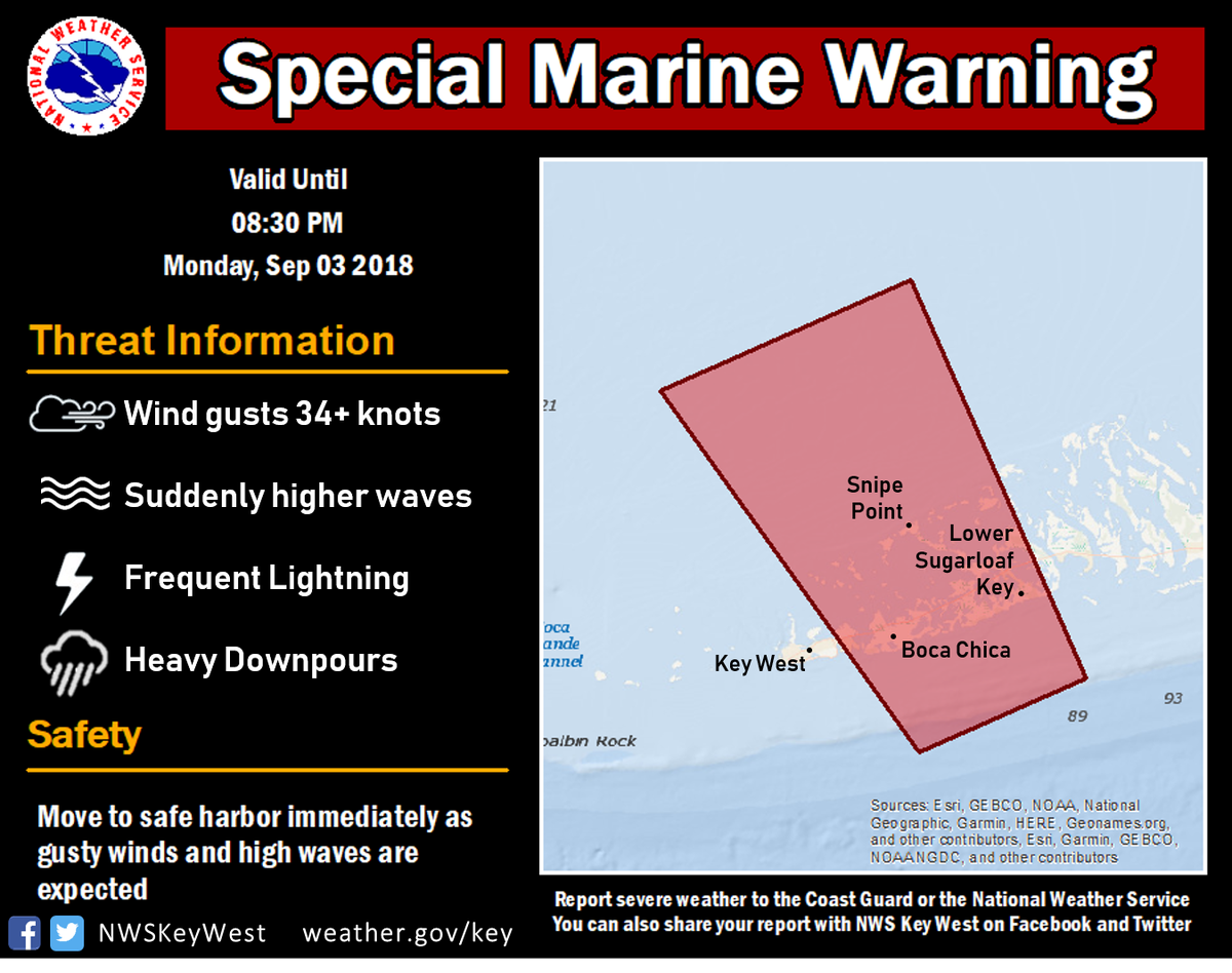 NWSKeyWest's tweet photo. Special Marine Warning until 830 PM, expect wind gusts of 34 knots or greater, suddenly higher waves, frequent lightning, and heavy downpours. #BigCoppittKey #LowerSugarloafKey #SnipePoint #flwx #FLKeys https://t.co/uimWnd2k19