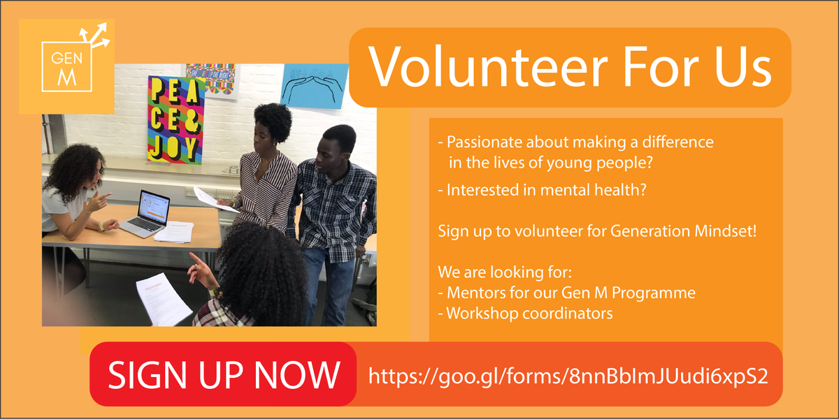 GenM_UK's tweet photo. SIGN UP! Gen M are looking for workshop volunteers to help deliver our school workshops and mentors for our Gen M Programme. For more info email: contact@generationmindset.co.uk

#GenMworkshops #mentoring #youngpeople #mentalhealth #BackToSchool2018

https://t.co/fh3ld4RPiM https://t.co/i272Qmhg2O