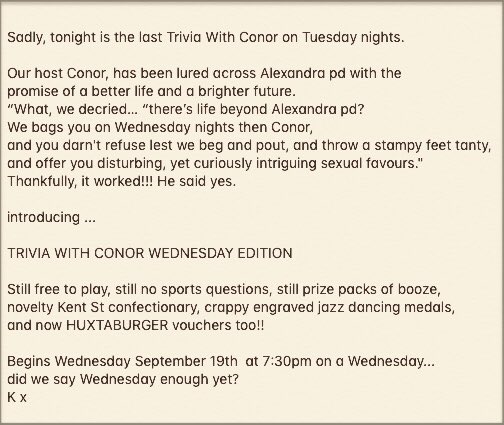 kentstbar's tweet photo. Trivia with Conor. 
Goodbye Tuesday. 
Hello Wednesday. https://t.co/IFsHMFTioH