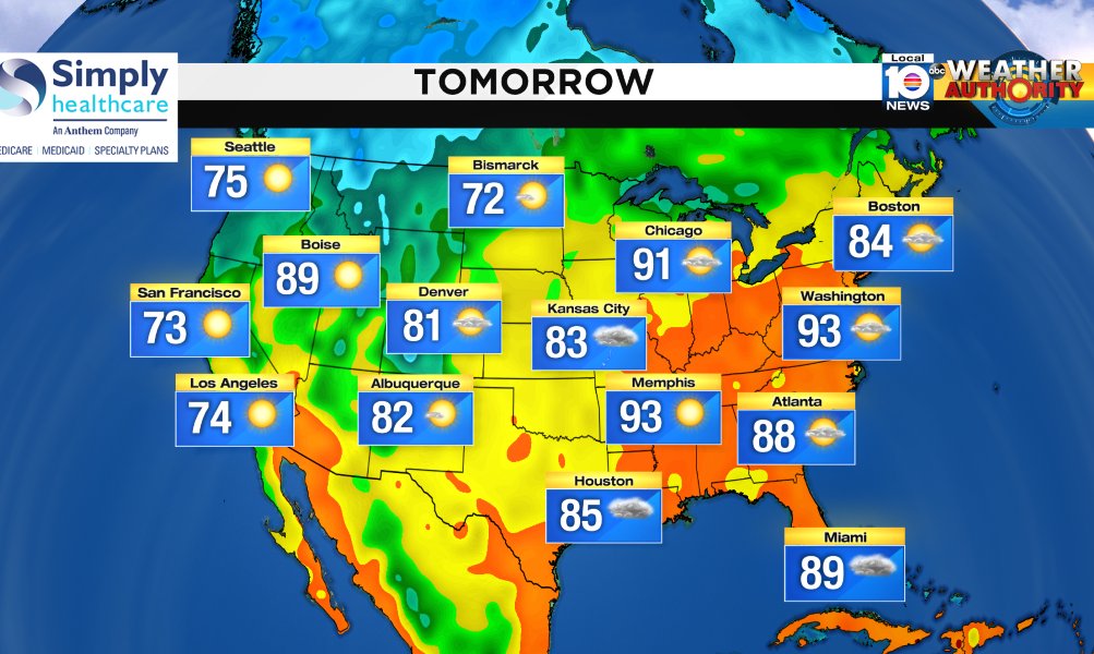 Here is the national forecast for tomorrow Presented by Simply Healthcare https://t.co/lkfNP6R7Er