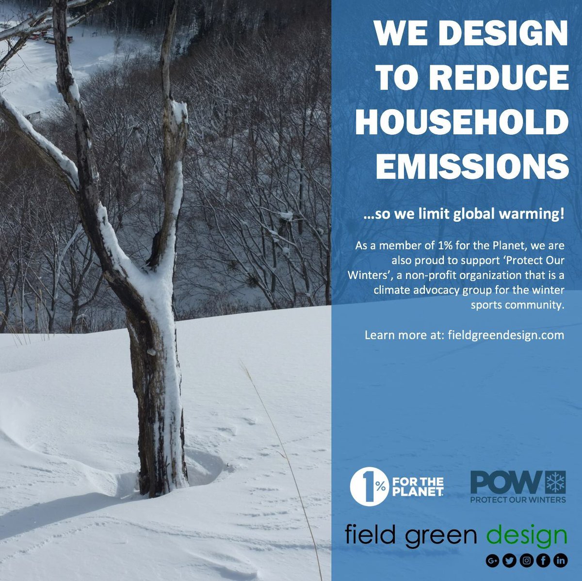 We are proud to support <a href="/ProtectWinters/">Protect Our Winters</a> through our <a href="/1PercentFTP/">1% for the Planet</a> membership....keep up the great work guys! #protectourwinters #skiing #snowboarding #climatechange #passivehouse #netzero #architecture