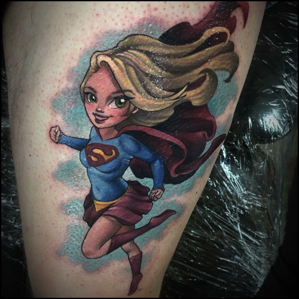 Allisintattoos's tweet photo. Worked on this #Supergirl tattoo today and it was super fun! Thanks again Stuart, it was super great meeting you and thanks again for getting this super rad tattoo! For appointment please visit https://t.co/WTCPI8ugqP #PinzAndNeedlez #HeliosTattoo #DabTattoo #247InkMag #InkMaster https://t.co/AYCua7nAtI