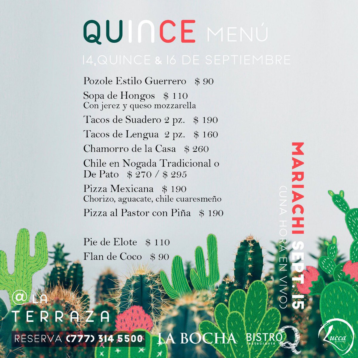 ¡Este 14, 15 y 16 de Septiembre la pasaremos bomba 💥 en la Terraza más rica de Cuerna! ✔️Mariachi 🎺 en vivo ✔️Menú especial mexicano 🇲🇽 ☎️ Reservaciones (777) 3145500
📍Av. Río Mayo esquina Teopanzolco
#15DeSeptiembre