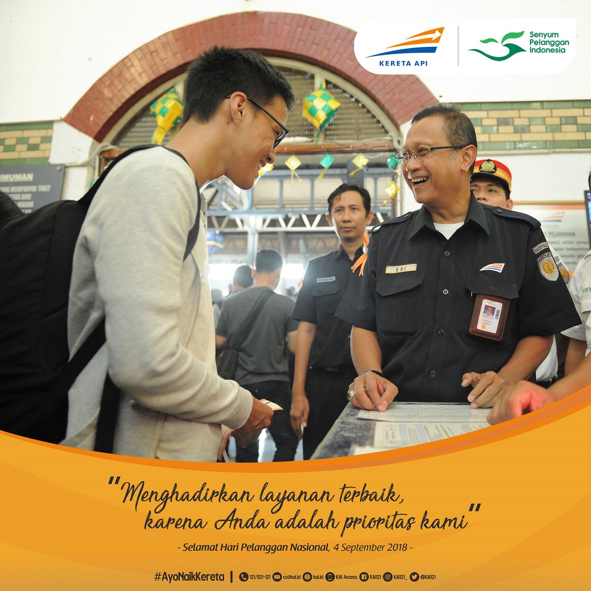 Kepercayaan dan loyalitas #SahabatKAI menggunakan Kereta Api sebagai moda transportasi pilihan, adalah komitmen besar PT KAI untuk senantiasa menghadirkan layanan terbaik, karena Anda adalah prioritas kami.

Selamat #HariPelangganNasional, 4 September 2018 | #AyoNaikKereta