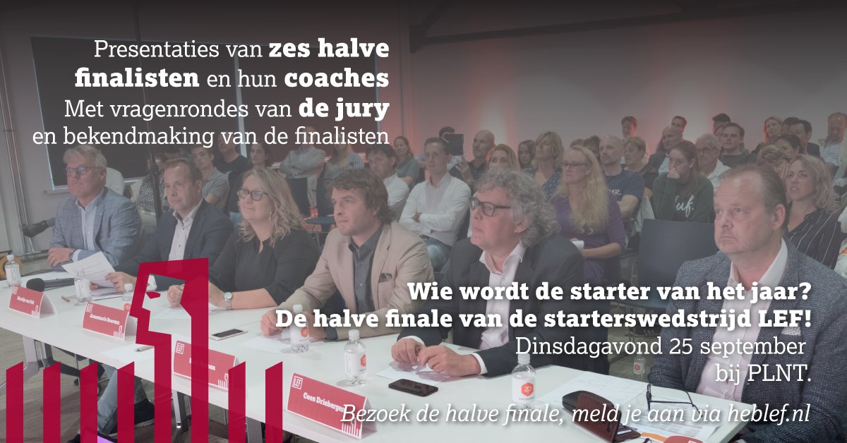 Een evenement dat je niet mag missen deze maand: de halve finale van <a href="/heblef/">StarterswedstrijdLEF</a> op 25 september in <a href="/PLNT_Leiden/">PLNT Leiden</a>. Aanmelden kan hier: heblef.nl/bezoeken #heblef #ondernemerswedstrijd #inspiratie