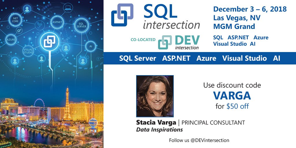 Meet amazing #SQLServer speakers of #SQL + #DEVintersections: 

Stacia Varga -> <a href="/_StaciaV_/">Stacia Varga</a> 

Stacia’s been passionate about BI since before it was even called BI!

#Microsoft Data Platform #MVP since 2011

#MicrosoftRegionalDirector since 2018