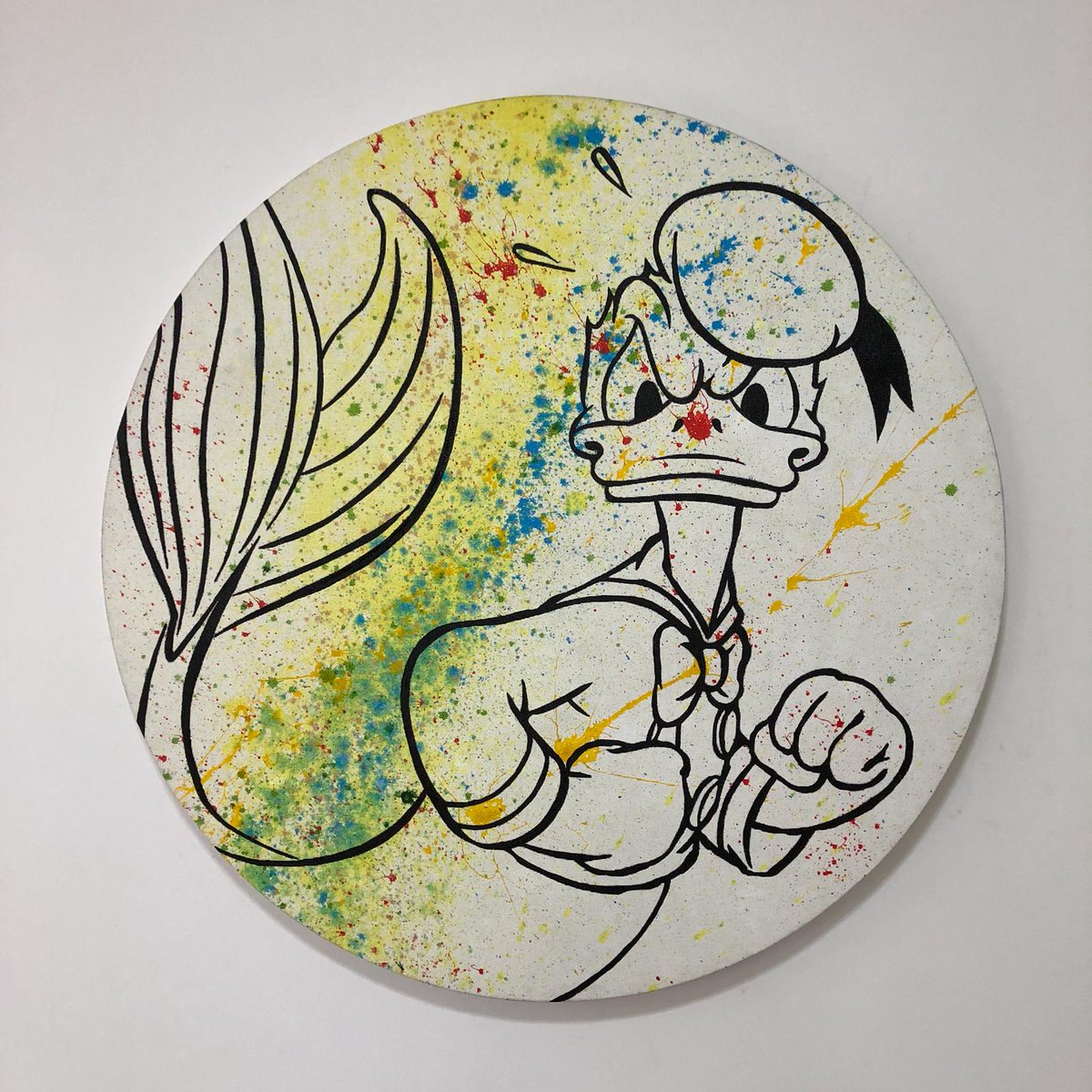 caseychen's tweet image. Title : Fish Duck. Acrylic on Canvas (action painting on background) Size : 60cm-d. Singapore, date 4Sep2018